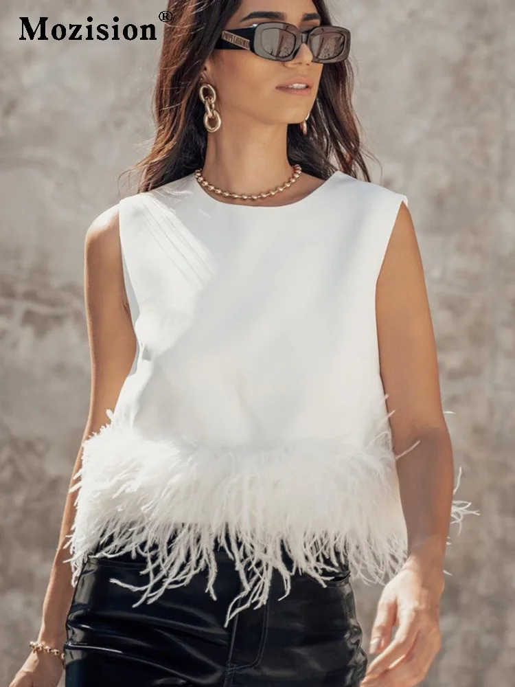 Mozision Elegant Sleeveless Feather T-shirt Women Summer Round Neck Zipper Casual Cropped Top Fashion T-shirts Streetwear Tops
Mozision Elegant Sleeveless Feather T-shirt Women Summer Round Neck Zipper Casual Cropped Top Fashion T-shirts Streetwear Tops