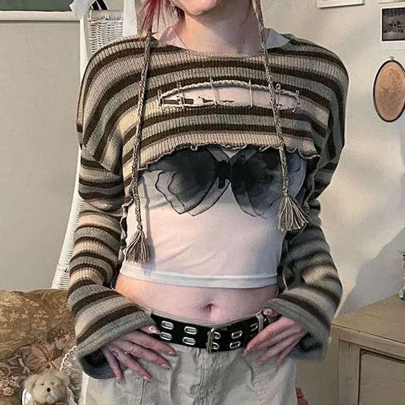 Harajuku Striped Knitted Sweaters T-shirt Chic Women Retro Cut Out Pin Smock Crop Top Y2K Vintage Grunge Shrug Pullovers Jumper
Harajuku Striped Knitted Sweaters T-shirt Chic Women Retro Cut Out Pin Smock Crop Top Y2K Vintage Grunge Shrug Pullovers Jumper
