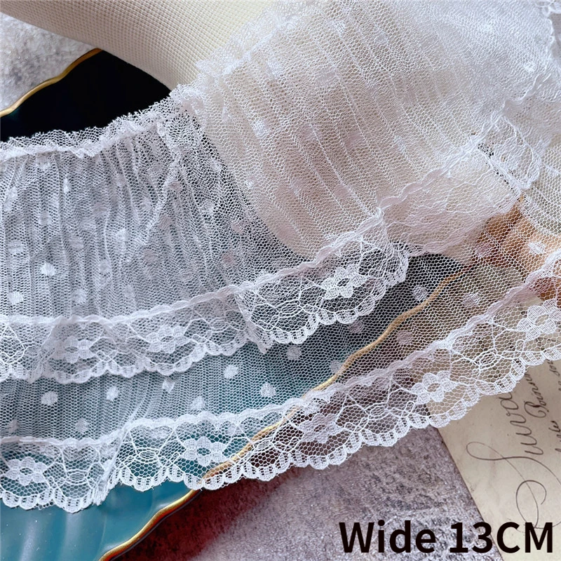 

13CM Wide Double Layers White Polka Dot Mesh Embroidery Lace Ribbon Fringed Fabric Dress Cloth Collar Neckline Trim Sewing Decor