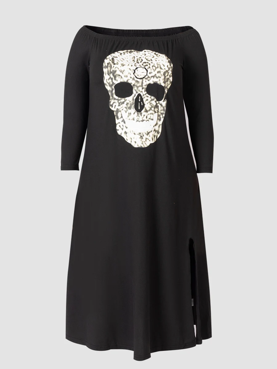 

Finjani Plus Size Women Clothing Dress Skull Floral Print Dress Split Thigh Loose Hem A-line Dresses For Women 2023