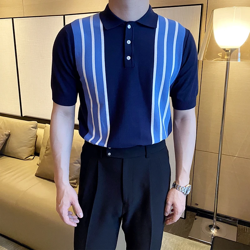 

2022 Summer New Social Knitting Slim Polos Stripes Polo Shirt Men Short Sleeve Turn Down Collar Slim Fit Casual Polo Homme C07