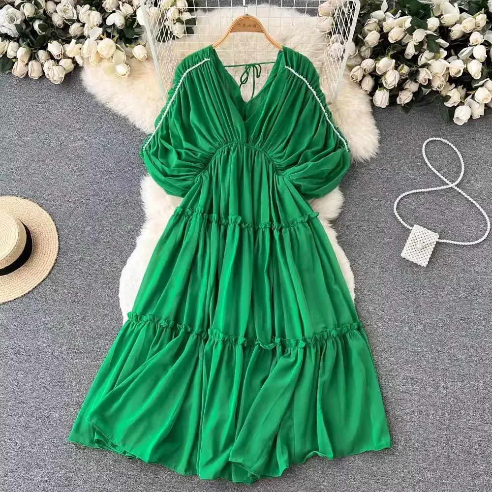 Women's Spring Summer Short Sleeve Casual Loose V Neck Chiffon Dress Female High Waist Chic Party A-line Vacation Dress TB1520
Women's Spring Summer Short Sleeve Casual Loose V Neck Chiffon Dress Female High Waist Chic Party A-line Vacation Dress TB1520