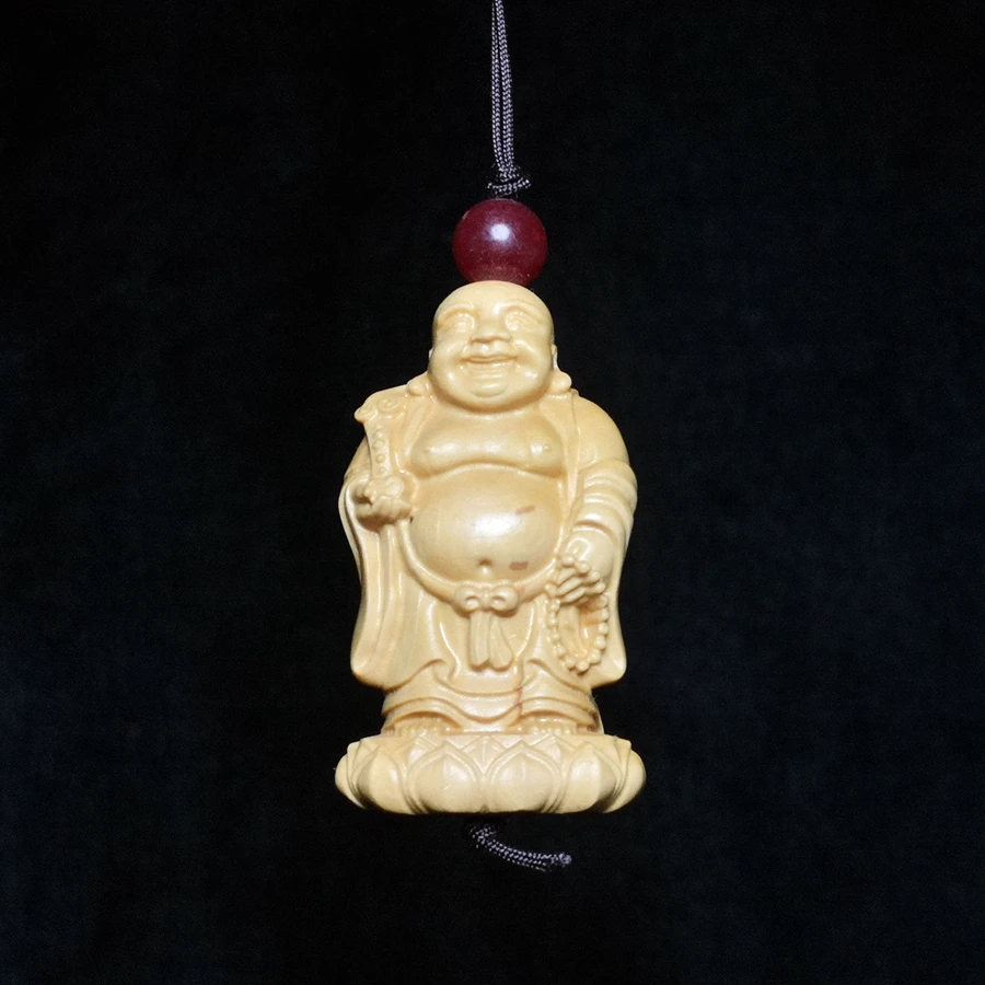 

YIZHU CULTUER ART Chinese boxwood Hand carved Happy Ruyi Maitreya Buddha Statue Amulet Haversack necklace netsuke decorated Gift