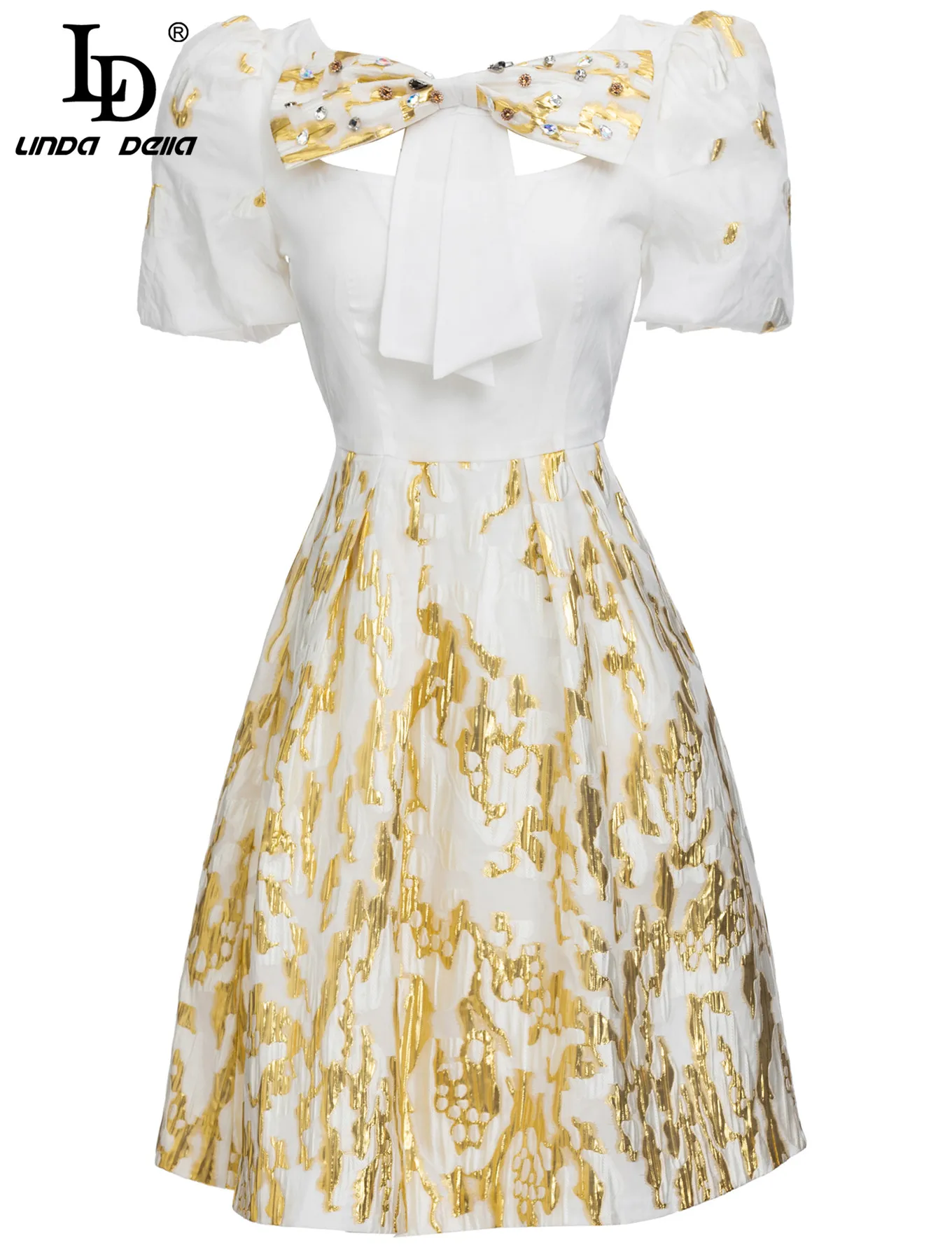 LD LINDA DELLA Fashion Designer Summer Short Dress Women's Gorgeous Bow Diamond Gold Jacquard Puff sleeve Elegant Mini Dresses
LD LINDA DELLA Fashion Designer Summer Short Dress Women's Gorgeous Bow Diamond Gold Jacquard Puff sleeve Elegant Mini Dresses