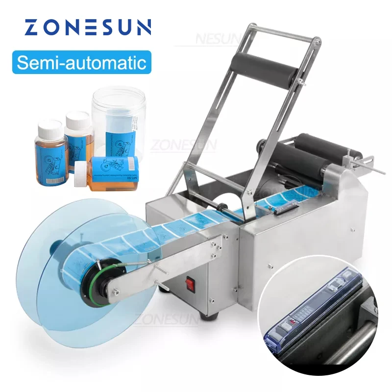 

ZONESUN MT-50 Semi Automatic Glass Ampoule Vial Tin Can Plastic Round Bottle Labeling Machine Sticker Packaging Label Applicator