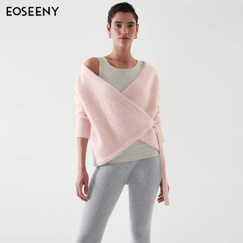 

Женское шерстяное пальто EOS, новинка сезона весна-осень 2023, флисовый свитер с запахом и V-образным вырезом, асимметричный вязаный кардиган, бесплатная доставка