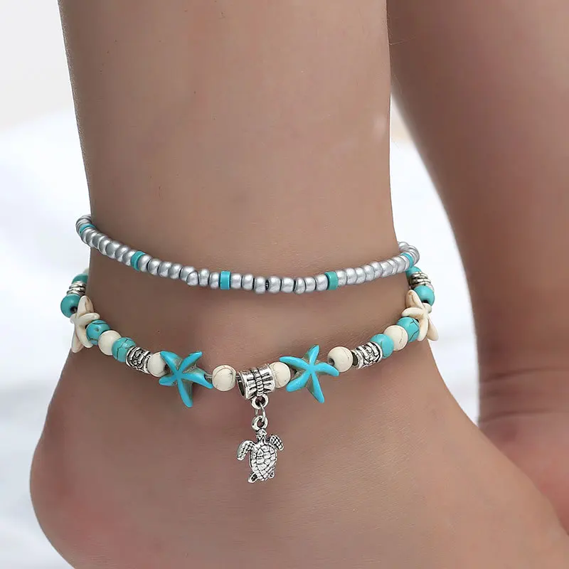

Conch Rice Beads Yoga Turtle Anklets Beach Starfish Pearls Retro Turtle Waves Handmade Foot Ornaments For Women Free Shipping