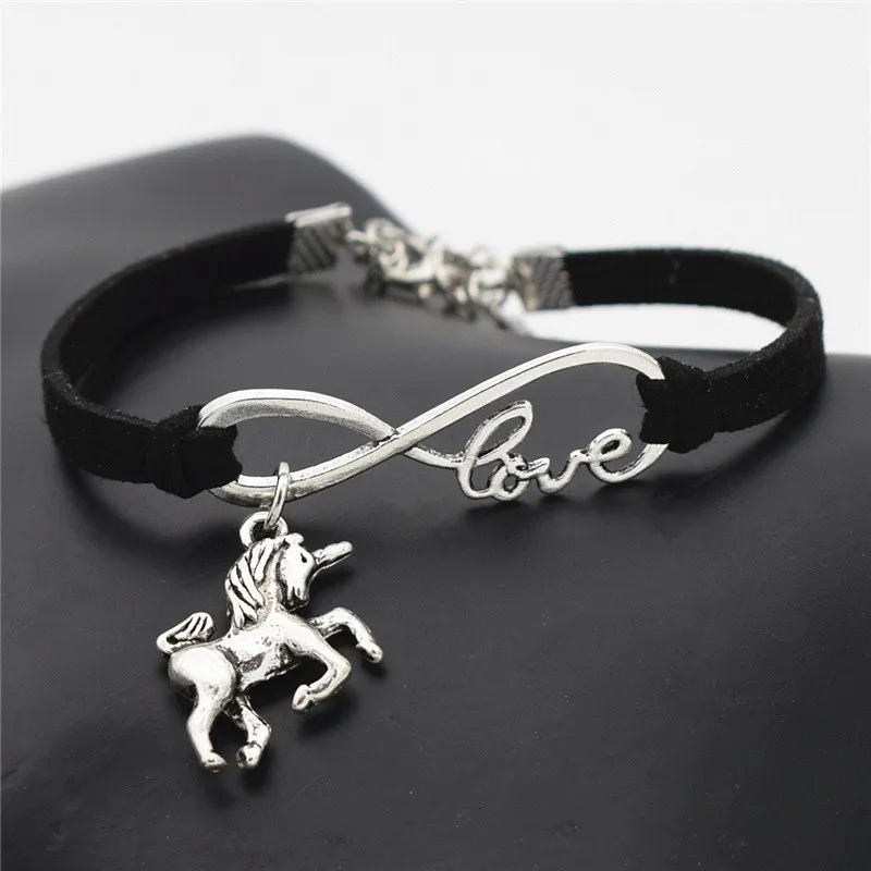 Hot Silver Plated Infinity Love Unicorn Pendant Chain DIY Charm Bracelet & Bangles Black Leather Rope Jewelry for Women Men Gift
Hot Silver Plated Infinity Love Unicorn Pendant Chain DIY Charm Bracelet & Bangles Black Leather Rope Jewelry for Women Men Gift