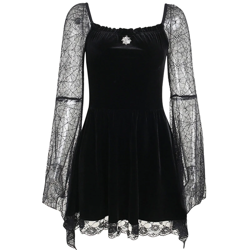 Womens Square Neck Velvet Lace Trim Pleated Gothic Punk Mini Swing Dress Spider Web Mesh Long Bell Sleeve Streetwear
Womens Square Neck Velvet Lace Trim Pleated Gothic Punk Mini Swing Dress Spider Web Mesh Long Bell Sleeve Streetwear
