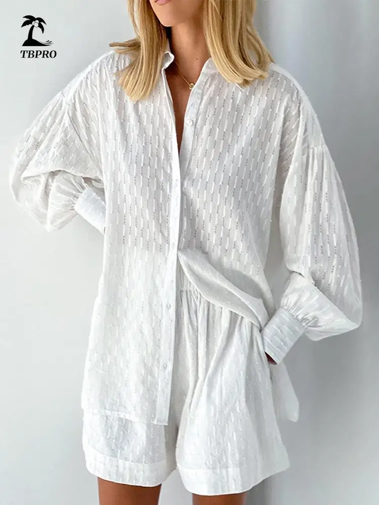 Women Shorts Sets 2 Piece Sets White Jacquard Fabric Female Outfits 2022 Summer Lantern Sleeve Loose Shirt And Mini Shorts Suits
Women Shorts Sets 2 Piece Sets White Jacquard Fabric Female Outfits 2022 Summer Lantern Sleeve Loose Shirt And Mini Shorts Suits