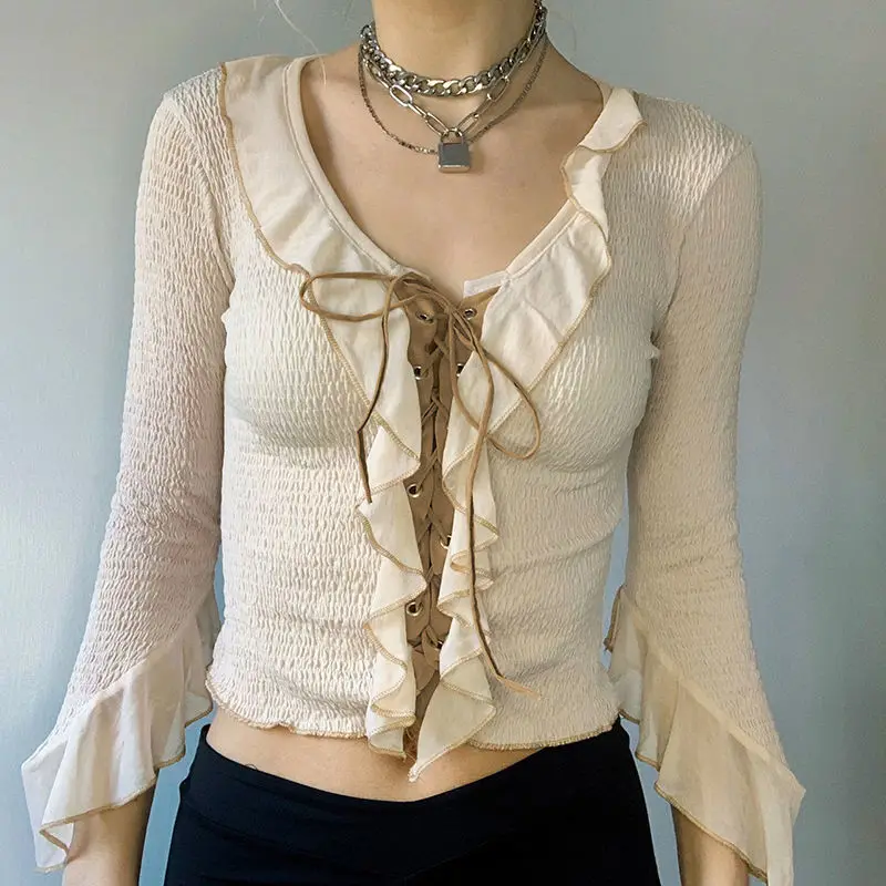 Sweet Princess Style Bandage Strapping Long-sleeved Top Women Designed Pleated Ruffles Elegant Sexy Hot Girl Short T-Shirt
Sweet Princess Style Bandage Strapping Long-sleeved Top Women Designed Pleated Ruffles Elegant Sexy Hot Girl Short T-Shirt