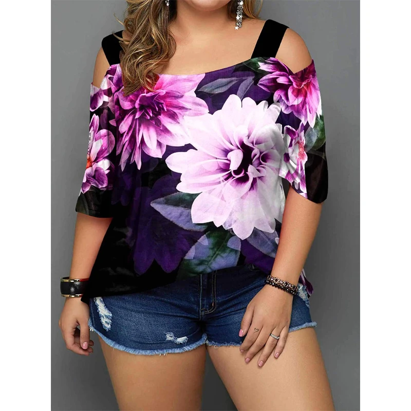

Dressfo Plus Size & Curve T Shirt Flower Print Cold Shoulder T-shirt Elastic Straps Short Sleeve Tee