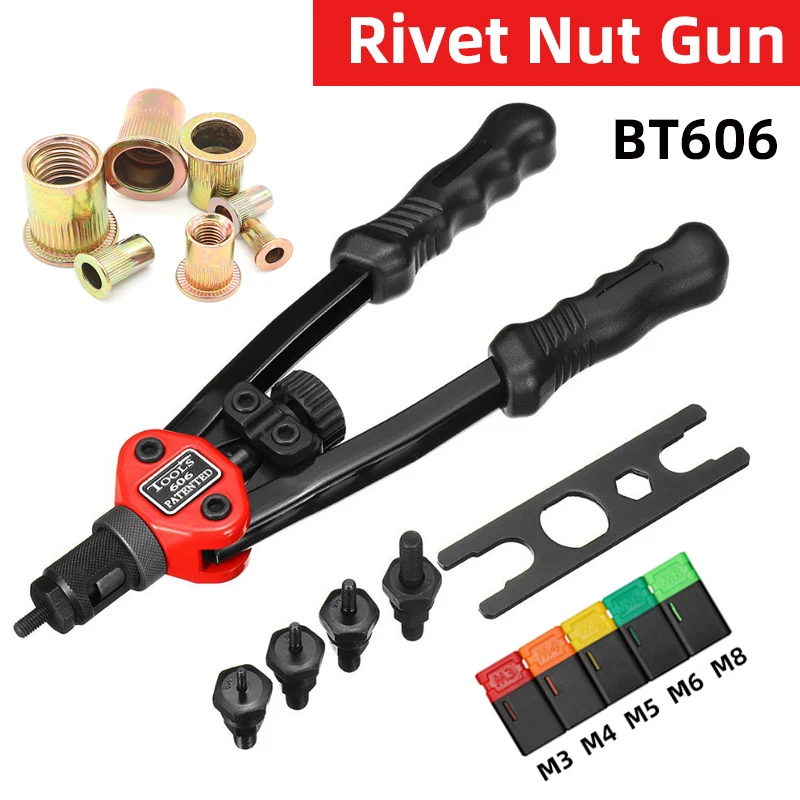 

Riveter Gun Tool BT-606 Hand Threaded Rivet Nut Gun 200pcs Flat Head Thread Rivet Nuts M3 M4 M5 M6 M8 Double Handle Rivet Tools