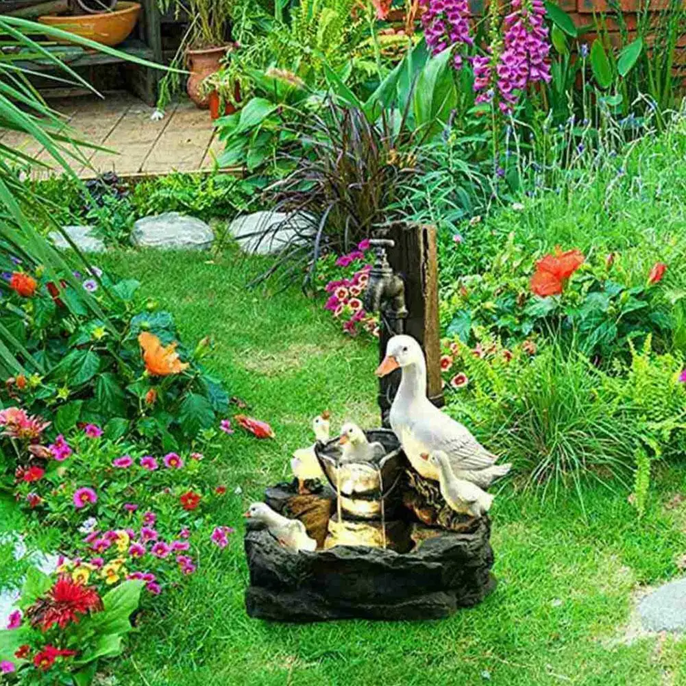 

Duck Family Solar Power Resin Patio Fountain Garden Design With Led Light Squirrel Water Fountains Light Water Sculptures