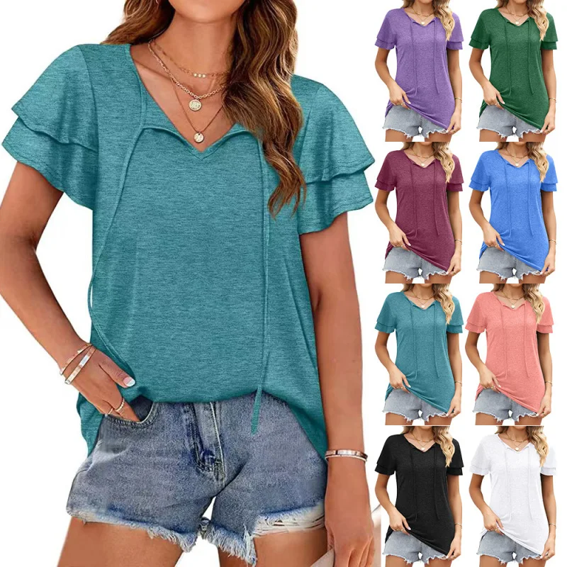 Women's Fashion Casual Summer Clothes V-neck Short Sleeved Tops Ladies Solid Color Shirts Pullover Loose T-Shirt
Women's Fashion Casual Summer Clothes V-neck Short Sleeved Tops Ladies Solid Color Shirts Pullover Loose T-Shirt