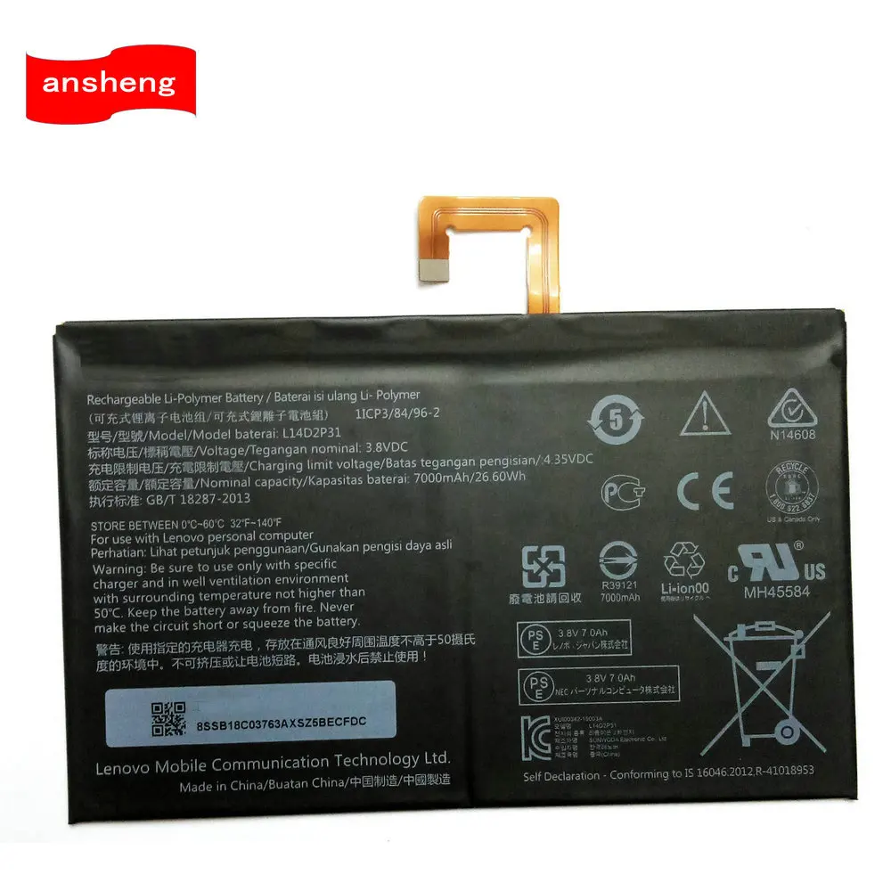 Original 3.8V 7000mAh L14D2P31 Battery For Lenovo Tab 2 A7600-F A10-70F Tab2 A10-70 A10-70L
Original 3.8V 7000mAh L14D2P31 Battery For Lenovo Tab 2 A7600-F A10-70F Tab2 A10-70 A10-70L