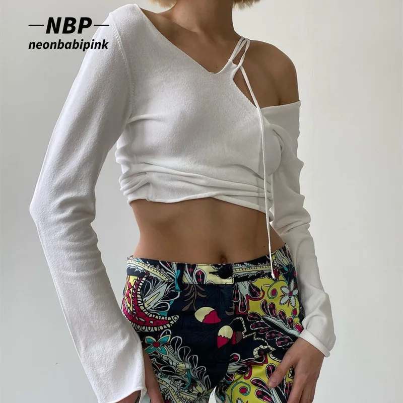 Сексуальные белые футболки NEONBABIPINK осень 2022 модные с косым плечом имитация двух