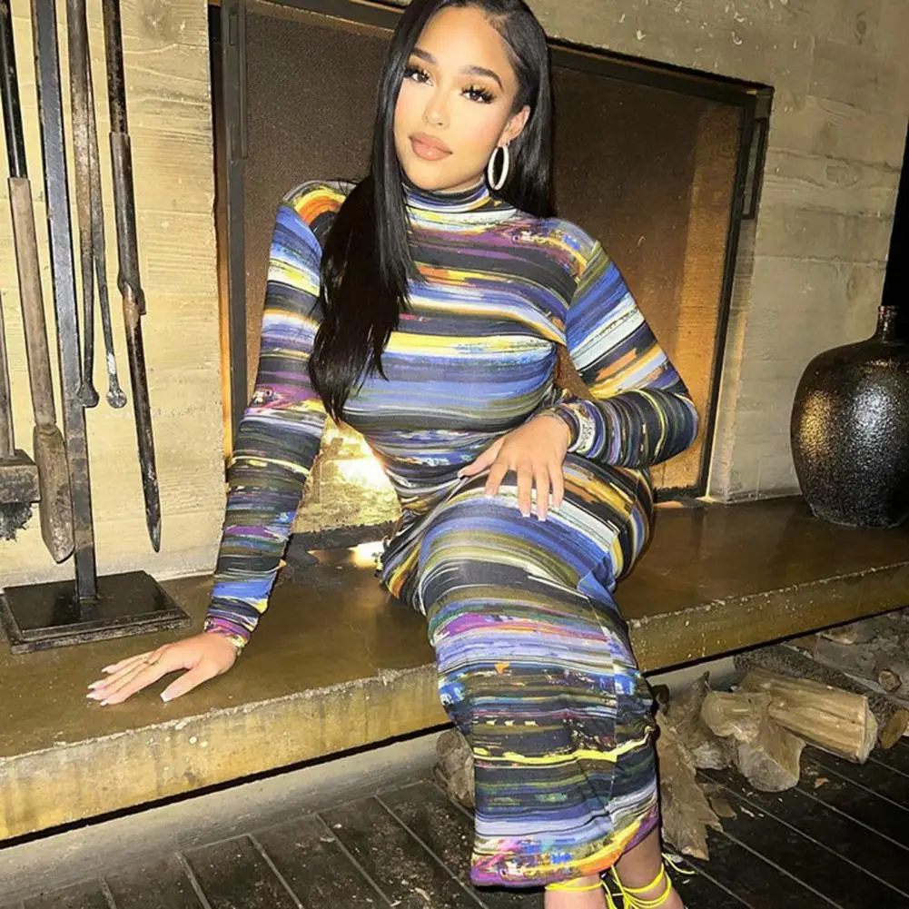 Attractive Bodycon Dress Turtleneck Soft Maxi Dress Abstract Striped Print Side Cut Out Skinny Dress
Attractive Bodycon Dress Turtleneck Soft Maxi Dress Abstract Striped Print Side Cut Out Skinny Dress