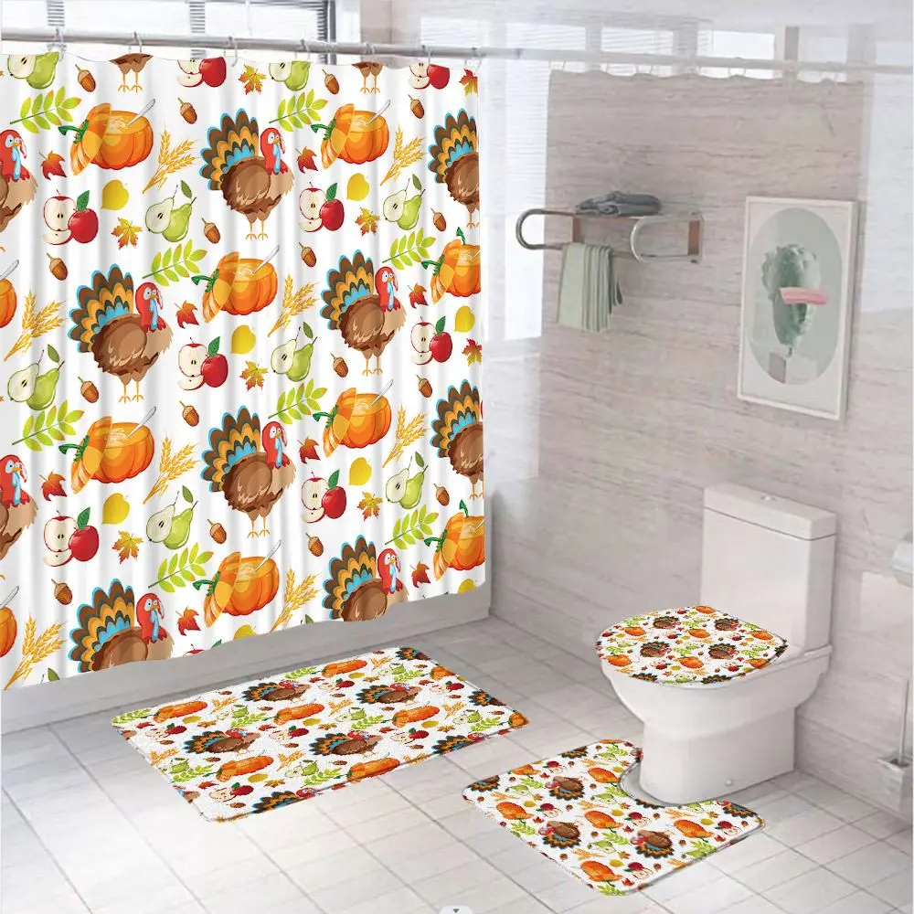 Thanksgiving Turkey Shower Curtain Sets Autumn Harvest Pumpkin Leaves Bathroom Curtains With Bath Mats Pedestal Rug Toilet Cover 
Thanksgiving Turkey Shower Curtain Sets Autumn Harvest Pumpkin Leaves Bathroom Curtains With Bath Mats Pedestal Rug Toilet Cover