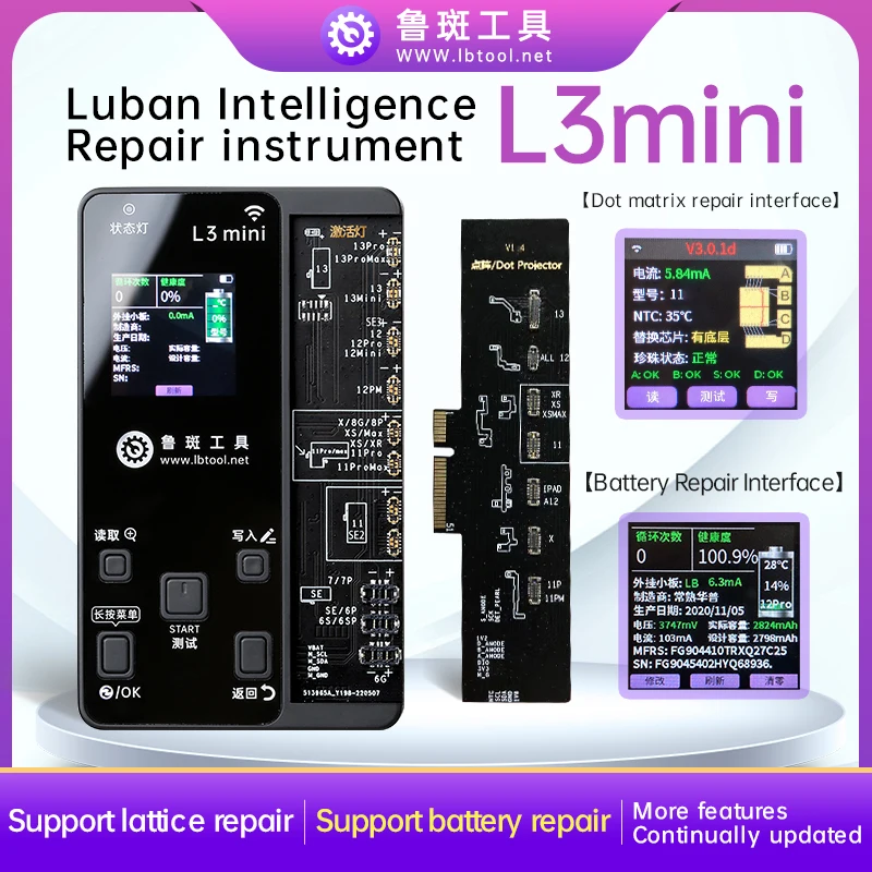 Умный мини-программатор Luban L3 для Face X/XS/XR, точечная Матрица для ремонта, 11, 12, 13 Pro Max, обнаружение лиц, ремонт, смена данных о аккумуляторе
Умный мини-программатор Luban L3 для Face X/XS/XR, точечная Матрица для ремонта, 11, 12, 13 Pro Max, обнаружение лиц, ремонт, смена данных о аккумуляторе