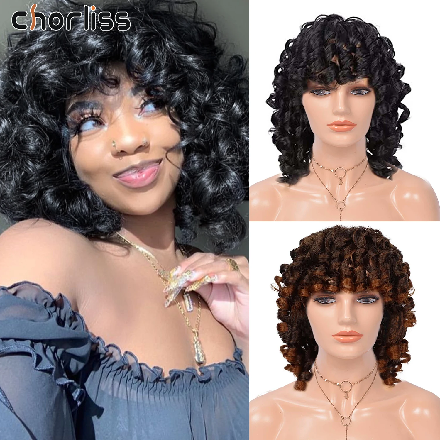 

14 Inch Spiral Bouncy Curly Wigs Bouncy Shaggy Bang Wigs Short Kinky Curly Bob Wig Synthetic Fluffy Cosplay Wigs For Afro Women