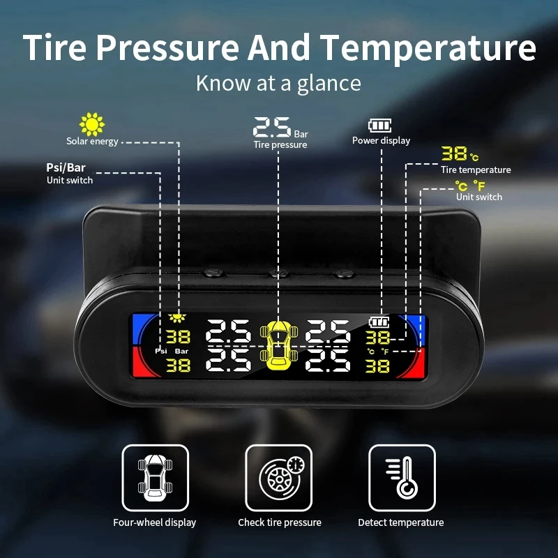Car TPMS Color Large Screen Wireless Tire Pressure Detector Solar Tire Pressure Alarm Monitoring System
Car TPMS Color Large Screen Wireless Tire Pressure Detector Solar Tire Pressure Alarm Monitoring System