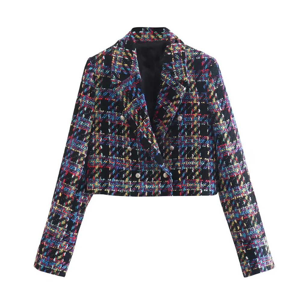 

Женский двубортный укороченный твидовый Блейзер, винтажный пиджак в клетку с длинными рукавами и карманами, верхняя одежда, 2022