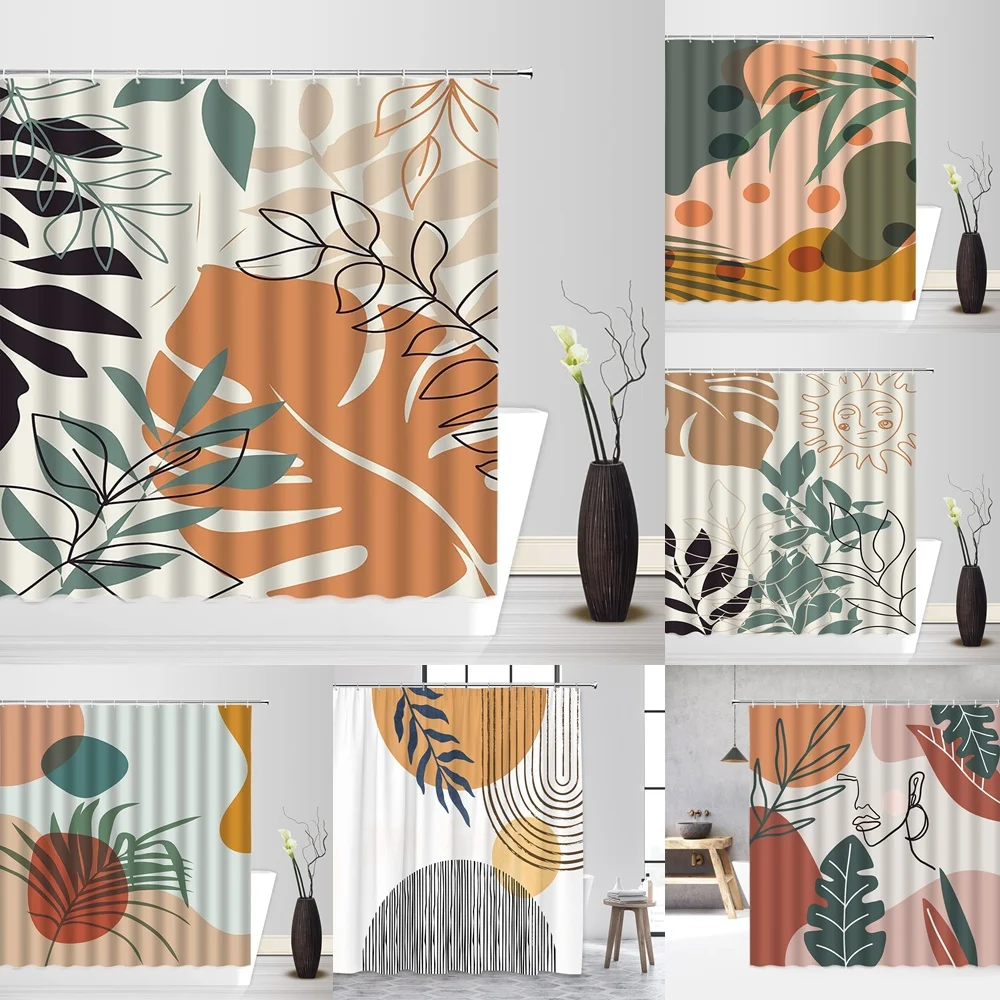 

Abstract Medieval Shower Curtains Geometric Modern Boho Green Plant Leaves Art Home Fabric Decor Bathroom Curtain Bathtub Screen