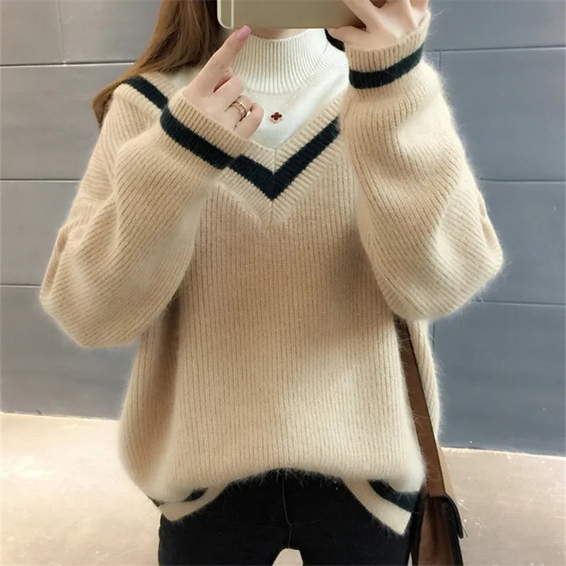 Autumn Winter Patchwork Half Turtleneck Knitted Sweater Women Loose Short Pullover Half High Collar Long Sleeve Knit Tops Female
Autumn Winter Patchwork Half Turtleneck Knitted Sweater Women Loose Short Pullover Half High Collar Long Sleeve Knit Tops Female