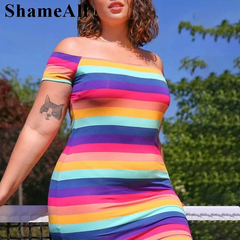 Plus Size Off The Shoulder Rainbow Striped Cotton Bodycon Mini Night Club Dress 4xl Summer Women Sexy Bandage Short Party Dress
Plus Size Off The Shoulder Rainbow Striped Cotton Bodycon Mini Night Club Dress 4xl Summer Women Sexy Bandage Short Party Dress