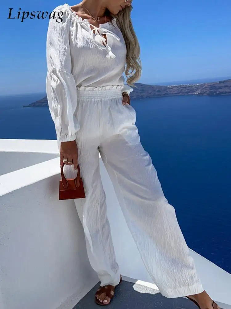 Autumn Two Piece Women Beach Set Fashion Tie Ruffle Long Sleeve Tops Pullover And Long Pants Outfits Spring Elegant Cotton Suits
Autumn Two Piece Women Beach Set Fashion Tie Ruffle Long Sleeve Tops Pullover And Long Pants Outfits Spring Elegant Cotton Suits