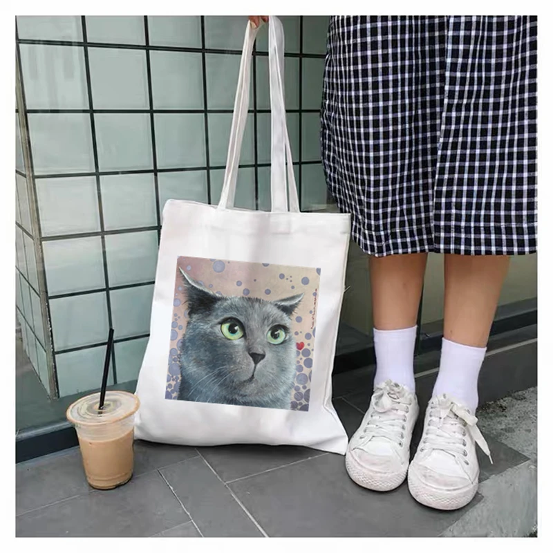 

Холщовая Сумка для покупок с принтом милого кота, повседневные сумки-тоуты для девочек, школьные ранцы, повседневный мессенджер на плечо