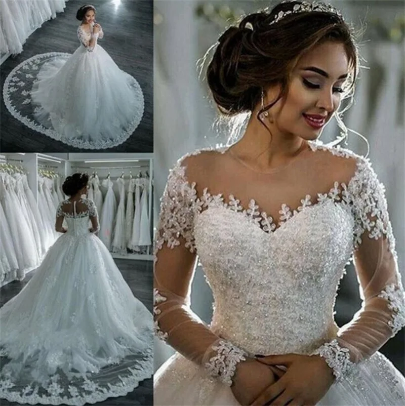 Luxury High-End Sexy Women's V-Neck Transparent Tulle Long-Sleeved Wedding Lace Applique Arabian Bridal Dress 2023 Muslim Custom
Luxury High-End Sexy Women's V-Neck Transparent Tulle Long-Sleeved Wedding Lace Applique Arabian Bridal Dress 2023 Muslim Custom