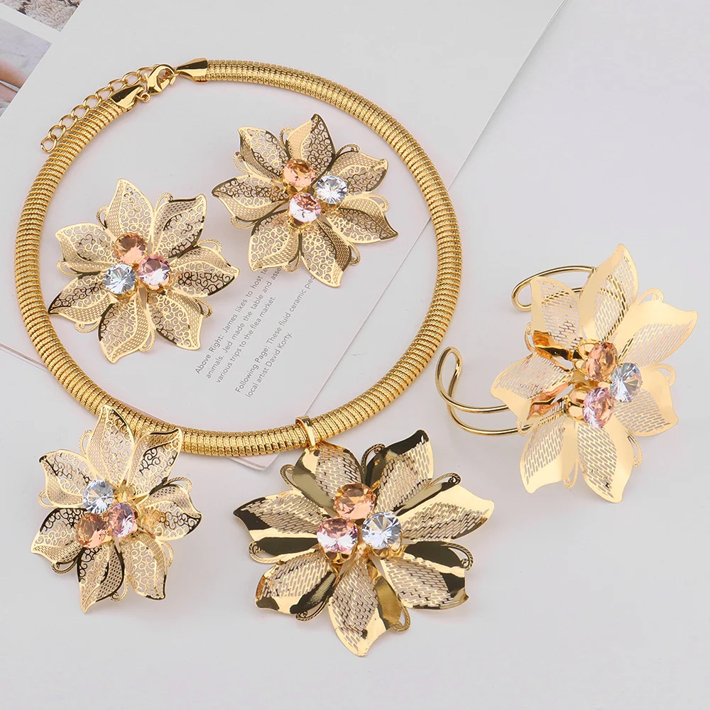 African Dubai Jewelry Sets for Women Big Flower Zircon Shiny Earrings Ring 2022 New Trendy Necklace Wedding Bride Party Gift
African Dubai Jewelry Sets for Women Big Flower Zircon Shiny Earrings Ring 2022 New Trendy Necklace Wedding Bride Party Gift