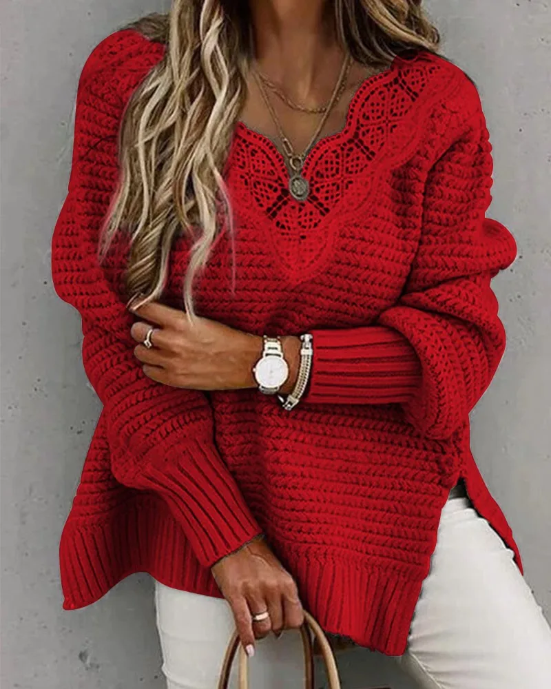 

Contrasting Lace Sweater Slit Hem Long Sleeve White Sleeveless Fleece Sweater Fashion Sweater Solid Color Loose Pullover Sweater