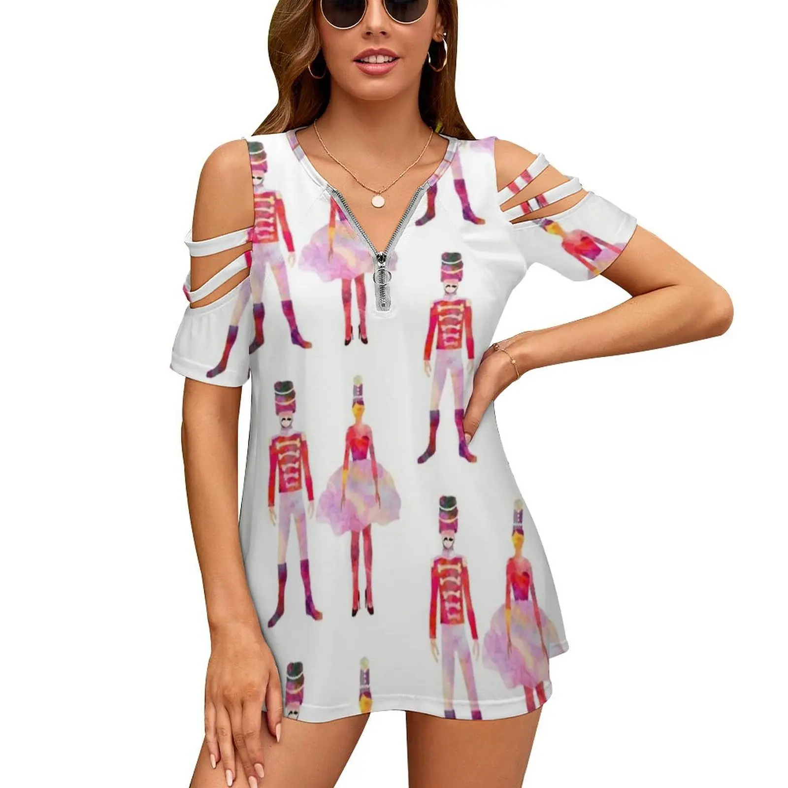 Nutcracker Ballet Women'S T-Shirt New Fashion Printed Zipper V-Neck Short Sleeve T Shirts Casual Plus Size Candy Cane Red White
Nutcracker Ballet Women'S T-Shirt New Fashion Printed Zipper V-Neck Short Sleeve T Shirts Casual Plus Size Candy Cane Red White
