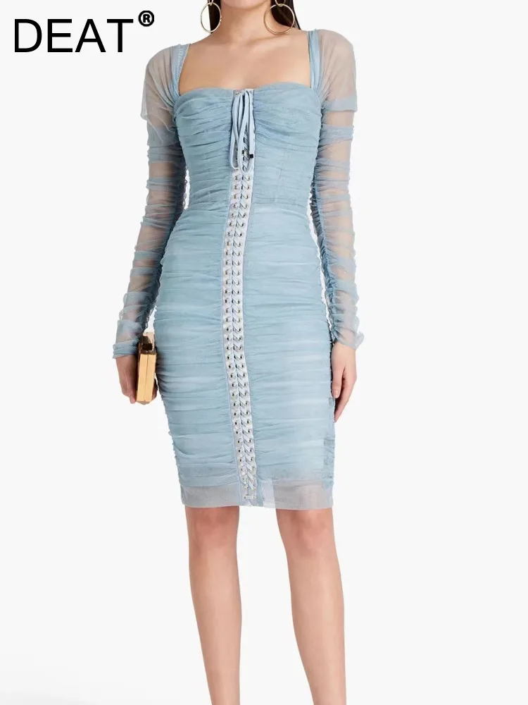DEAT Women's Fashion Evening Dress Square Collar Long Sleeve Pleated Bandage Silk Elegant Party Dresses Autumn 2023 New 13DB3000
DEAT Women's Fashion Evening Dress Square Collar Long Sleeve Pleated Bandage Silk Elegant Party Dresses Autumn 2023 New 13DB3000