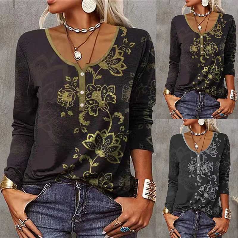 Lady Casual Autumn Winter Loose Long Sleeve Printed U-Neck Button T-Shirt Women's Fashion Versatile Shirts Female
Lady Casual Autumn Winter Loose Long Sleeve Printed U-Neck Button T-Shirt Women's Fashion Versatile Shirts Female