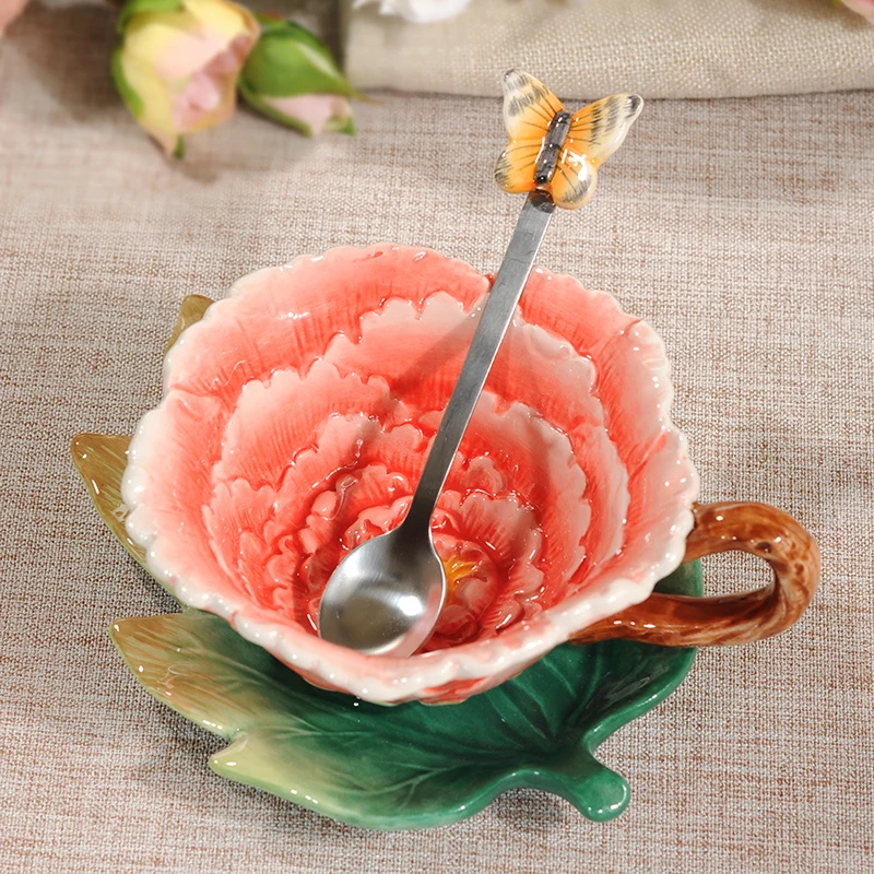 

Peony Flower Tea Coffee Mugs Ceramic Milk Mug Home Decor Crafts Room Wedding Decoration Porcelain Sculpture Tea Cup Gift
