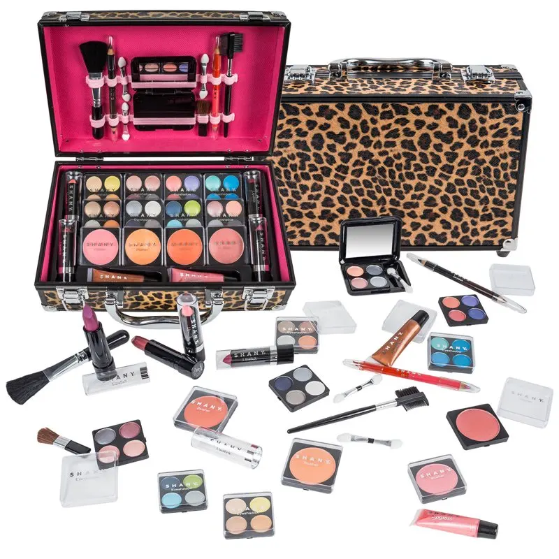 

Carry All Makeup Train Case with Pro Makeup Set Makeup Brushes Lipsticks Eye Shadows Blushes and more - Leopard