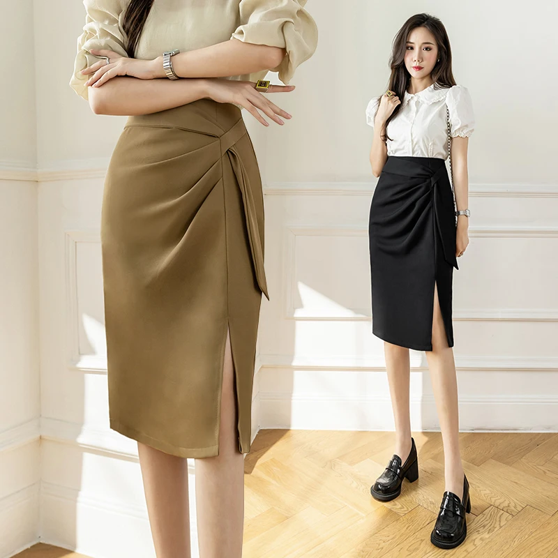 Chic Folds High Waist Midi Skirts Women Fashion Front Slit Pencil Skirt Office Ladies Elegant Knee-Length Skirts Khaki/Black
Chic Folds High Waist Midi Skirts Women Fashion Front Slit Pencil Skirt Office Ladies Elegant Knee-Length Skirts Khaki/Black