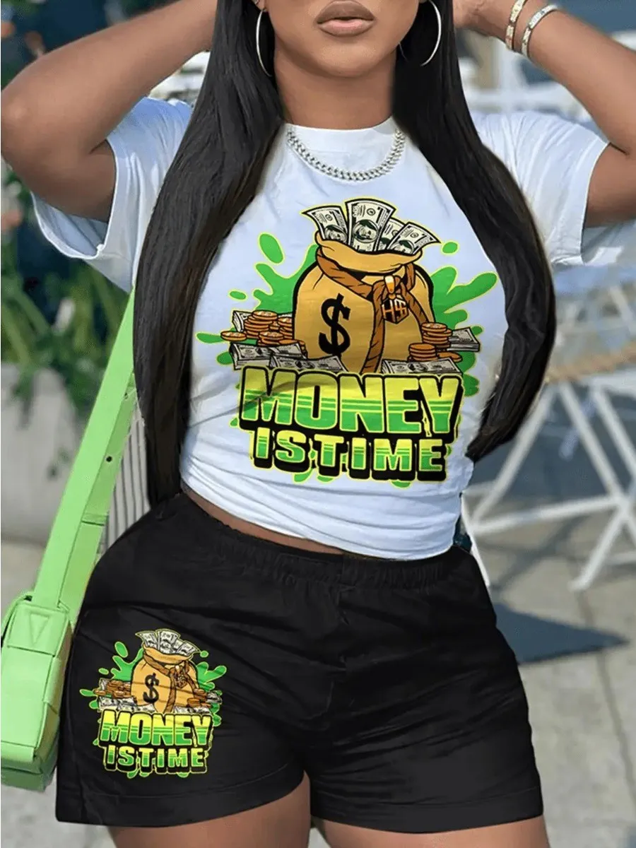 LW Money Is Time Letter Print Cartoon Print Shorts Set Short Sleeve O Neck White Top&Stretchy Stylish Shorts Women Two Pieces
LW Money Is Time Letter Print Cartoon Print Shorts Set Short Sleeve O Neck White Top&Stretchy Stylish Shorts Women Two Pieces