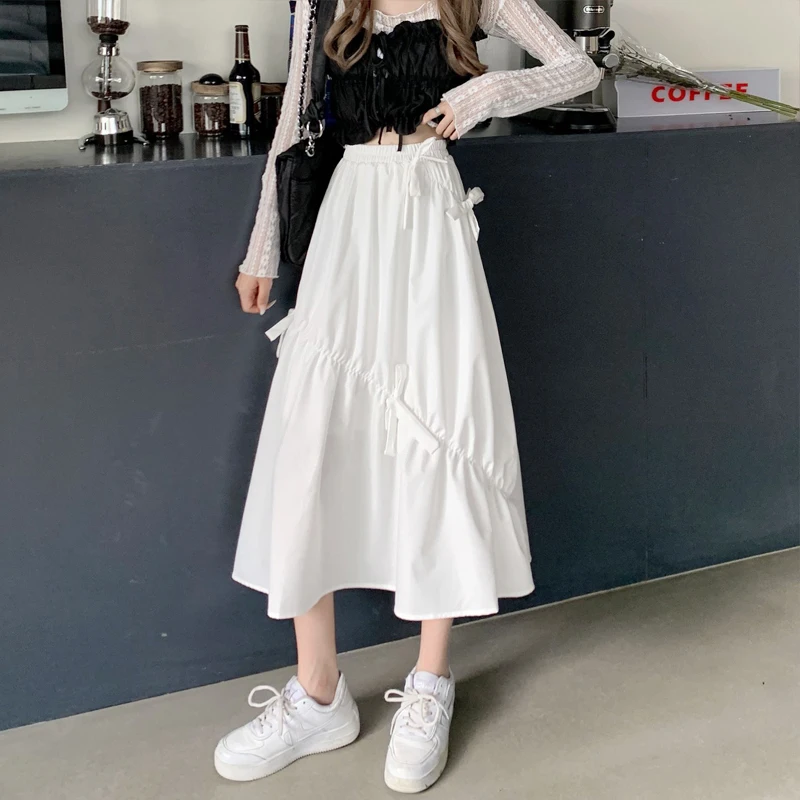 

Black Gothic Irregular Bowknot Patchwork Pleated Skirt Women White Vintage High Waist Long Skirt Korean Solid HipHop Streetwear