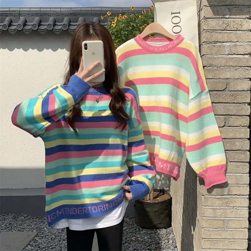 Sweater Puff Sleeves Autumn And Winter Korean Version Rainbow Striped Versatile Loose Lazy Fashion Pullover Knit Sweater Women
Sweater Puff Sleeves Autumn And Winter Korean Version Rainbow Striped Versatile Loose Lazy Fashion Pullover Knit Sweater Women