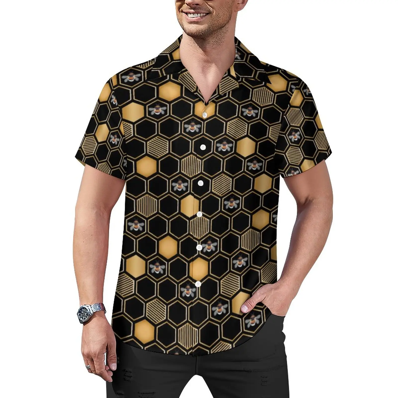 

Bees Print Casual Shirt Honeycomb Geometric Beach Loose Shirt Hawaiian Novelty Blouses Short Sleeve Graphic Oversized Clothes