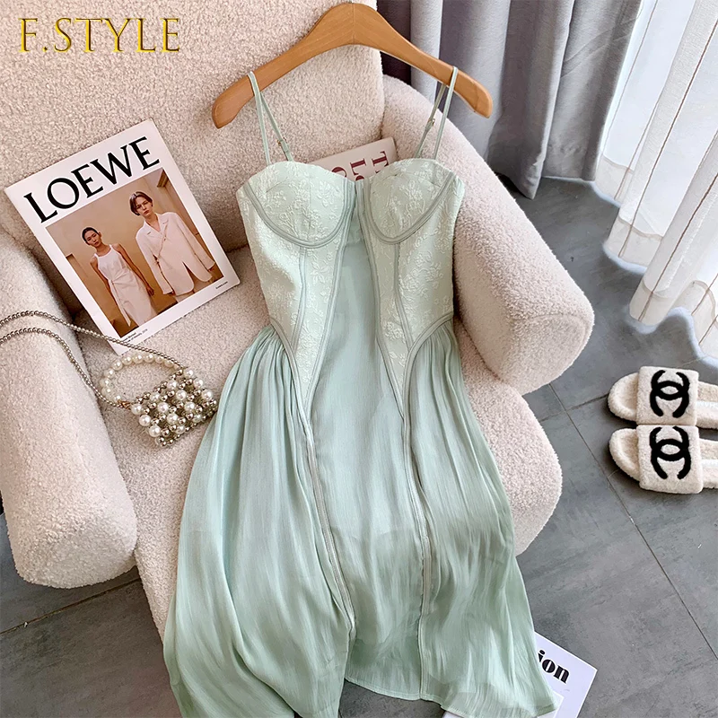 

F GIRLS Mint Green Sexy Spaghetti Straps Tube Dresses Women 2022 Sweet Bodycon Midi Mesh Dress Elegant Club Party Evening Cami