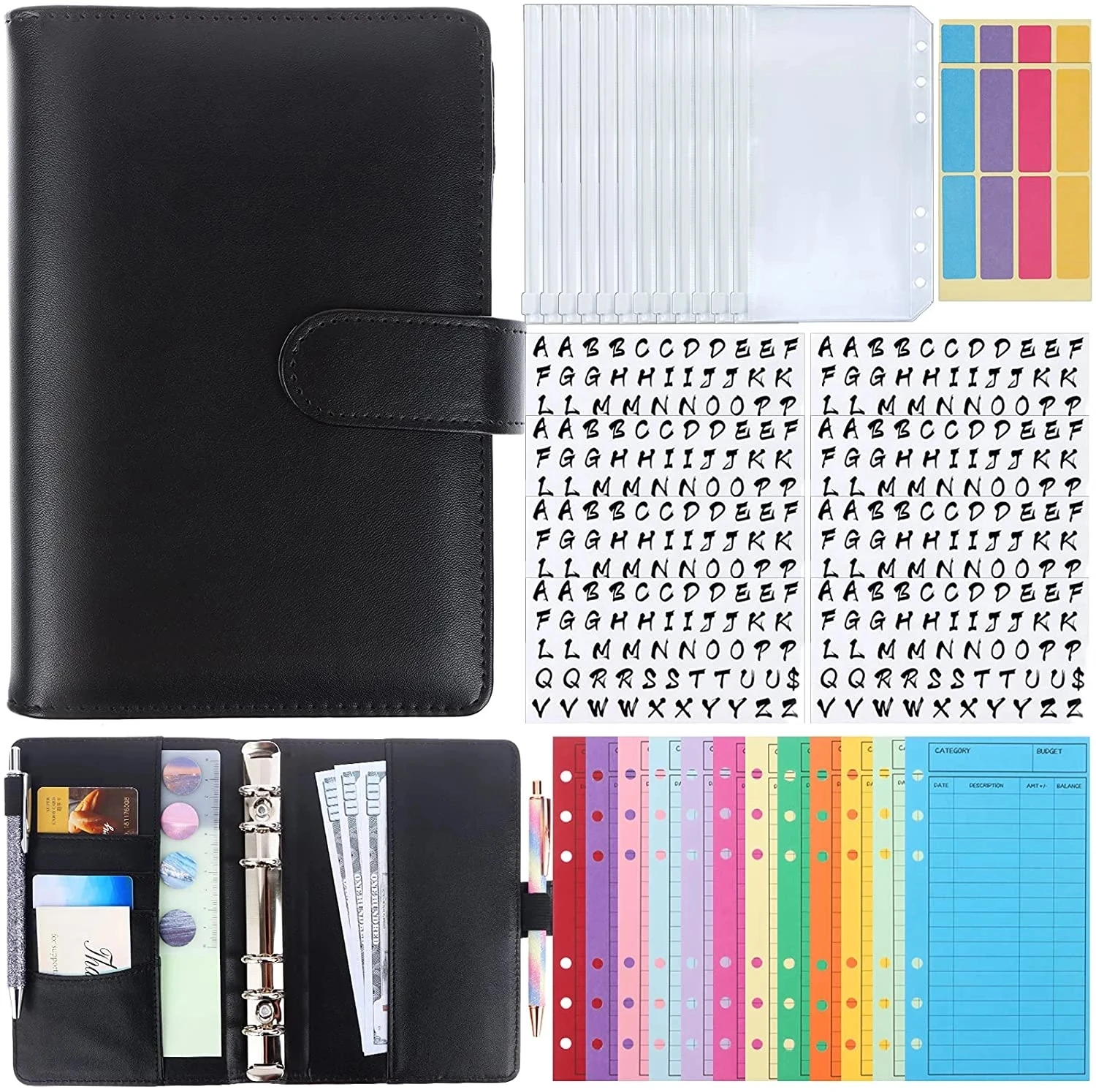 A6 PU Leather Cash Budget Organizer Binder for Money Planner, 12 Patterns Budget Money Envelopes, 12 PVC Storage Bag, 8 Sheets
A6 PU Leather Cash Budget Organizer Binder for Money Planner, 12 Patterns Budget Money Envelopes, 12 PVC Storage Bag, 8 Sheets