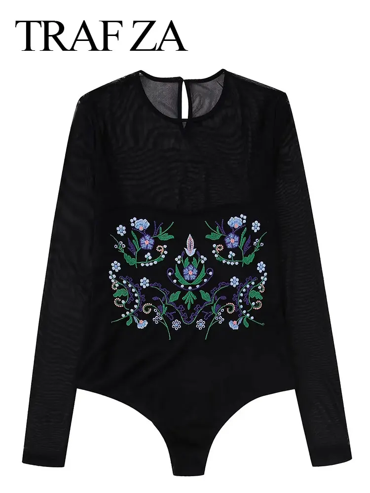 TRAFZA Women's Sexy Slim Tulle Bodysuit Tops Vintage Floral Embroidery Long Sleeve O Neck Rompers Female Fashion Playsuits
TRAFZA Women's Sexy Slim Tulle Bodysuit Tops Vintage Floral Embroidery Long Sleeve O Neck Rompers Female Fashion Playsuits