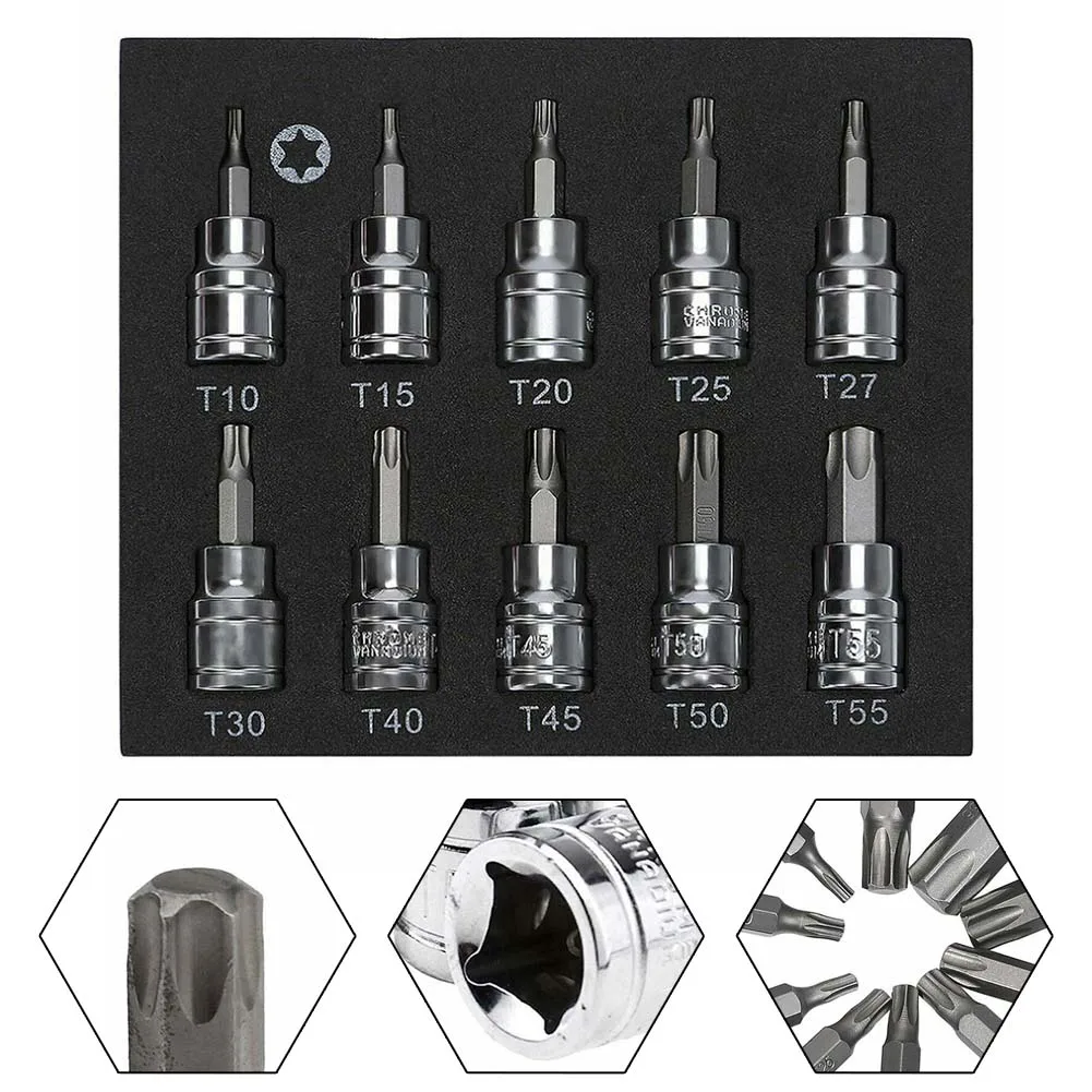 10Pcs Torx Star Sockets Bit Set 3/8inch E-Security Bits Drive Handheld Tool Torque Star Socket T10-T55
10Pcs Torx Star Sockets Bit Set 3/8inch E-Security Bits Drive Handheld Tool Torque Star Socket T10-T55