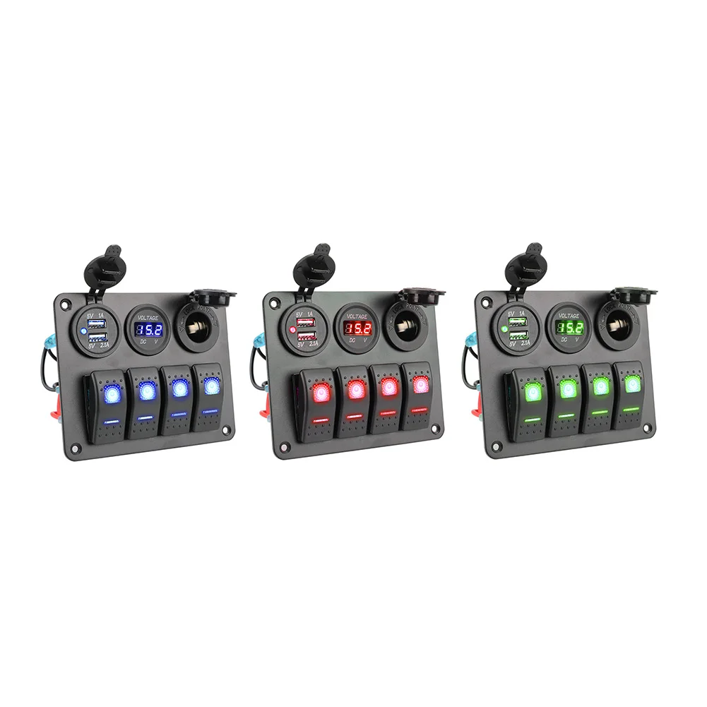4 Gang Rocker Switch Panel with Digital Voltmeter + 3.1A Car Charger + Power Socket Outlet Switches Circuit Breaker
4 Gang Rocker Switch Panel with Digital Voltmeter + 3.1A Car Charger + Power Socket Outlet Switches Circuit Breaker
